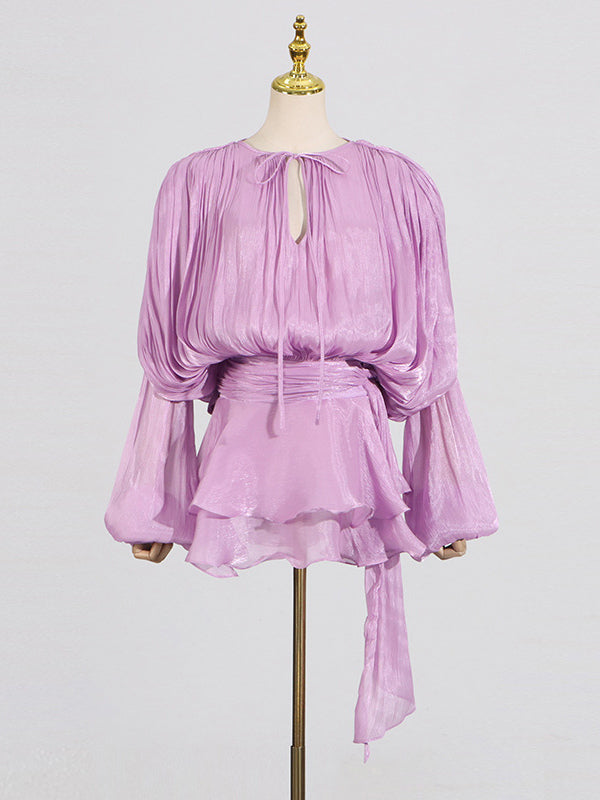 Lantern Sleeve Mini Dress For Women - Pleated Tie Waist Fit Flare - Spring Party Cocktail Outfit 2026