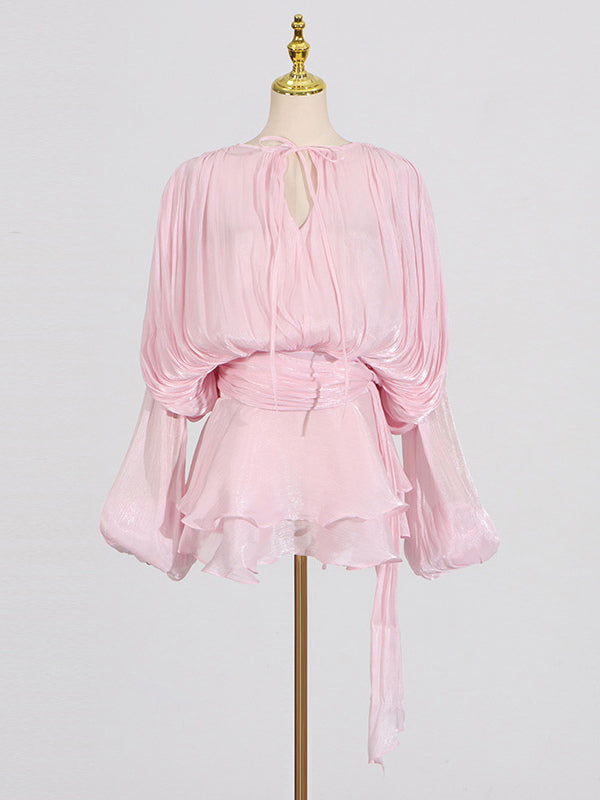 Lantern Sleeve Mini Dress For Women - Pleated Tie Waist Fit Flare - Spring Party Cocktail Outfit 2026