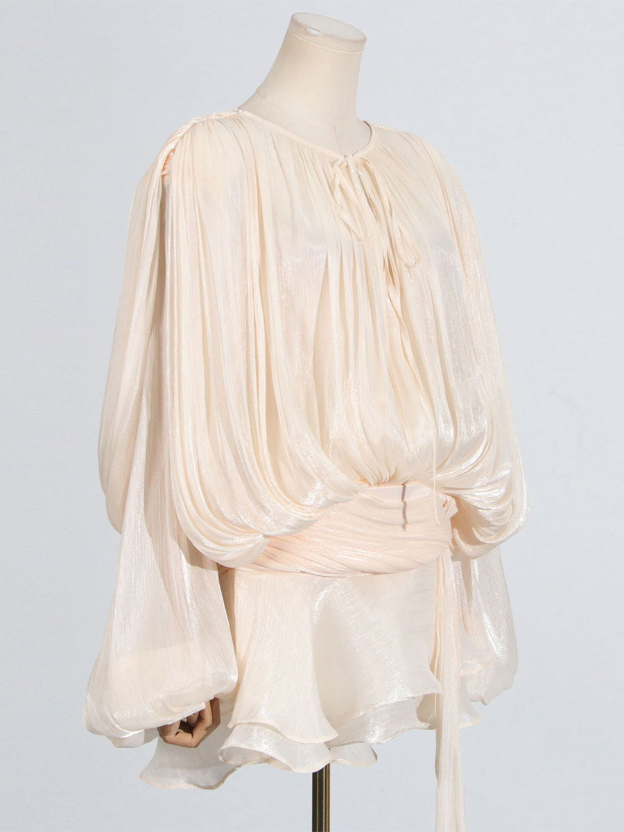 Lantern Sleeve Mini Dress For Women - Pleated Tie Waist Fit Flare - Spring Party Cocktail Outfit 2026