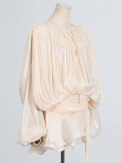 Lantern Sleeve Mini Dress For Women - Pleated Tie Waist Fit Flare - Spring Party Cocktail Outfit 2026