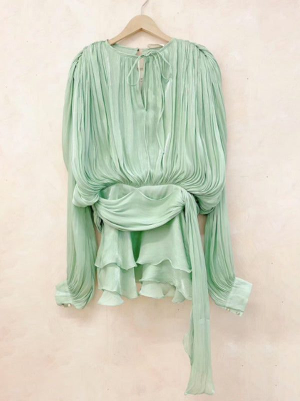 Lantern Sleeve Mini Dress For Women - Pleated Tie Waist Fit Flare - Spring Party Cocktail Outfit 2026