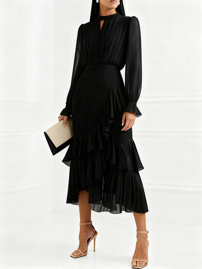 Elegant Pleated Midi Dress For Women - Layered Ruffle Chiffon Gown - Spring Wedding Guest Outfit 2026