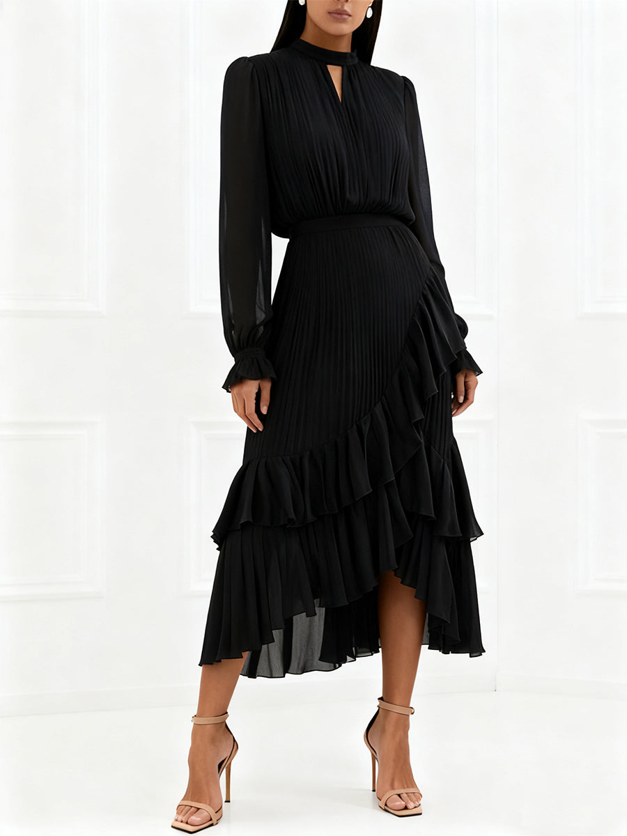 Elegant Pleated Midi Dress For Women - Layered Ruffle Chiffon Gown - Spring Wedding Guest Outfit 2026
