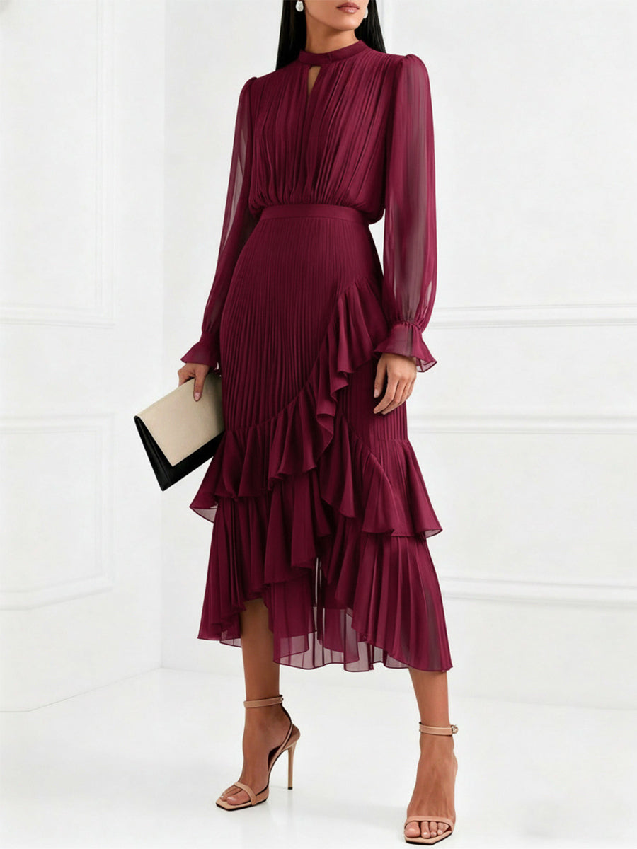 Elegant Pleated Midi Dress For Women - Layered Ruffle Chiffon Gown - Spring Wedding Guest Outfit 2026