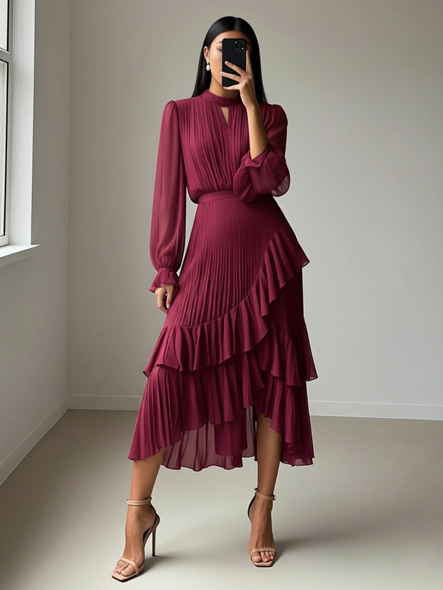 Elegant Pleated Midi Dress For Women - Layered Ruffle Chiffon Gown - Spring Wedding Guest Outfit 2026