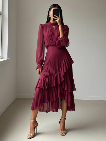Elegant Pleated Midi Dress For Women - Layered Ruffle Chiffon Gown - Spring Wedding Guest Outfit 2026