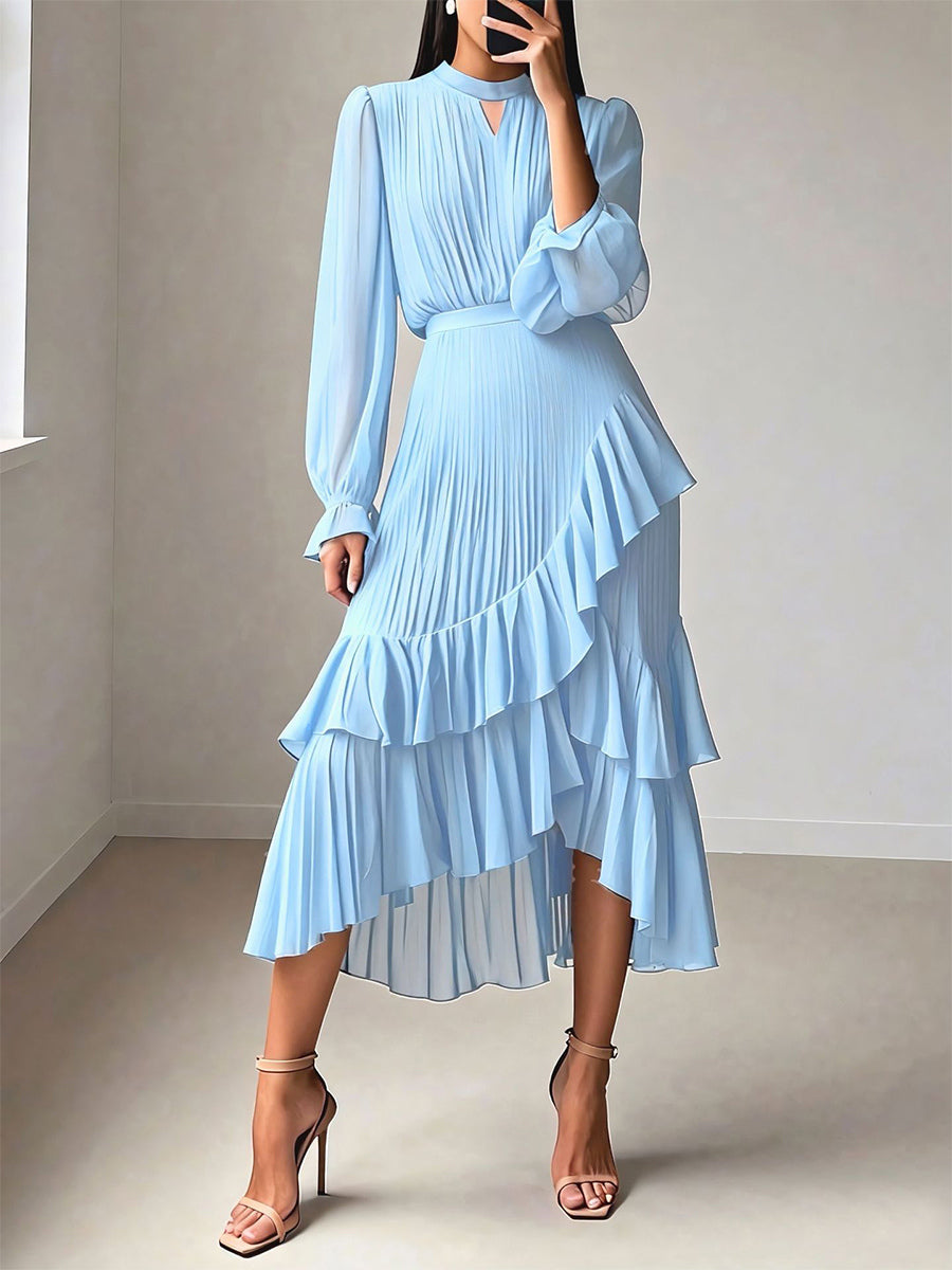 Elegant Pleated Midi Dress For Women - Layered Ruffle Chiffon Gown - Spring Wedding Guest Outfit 2026