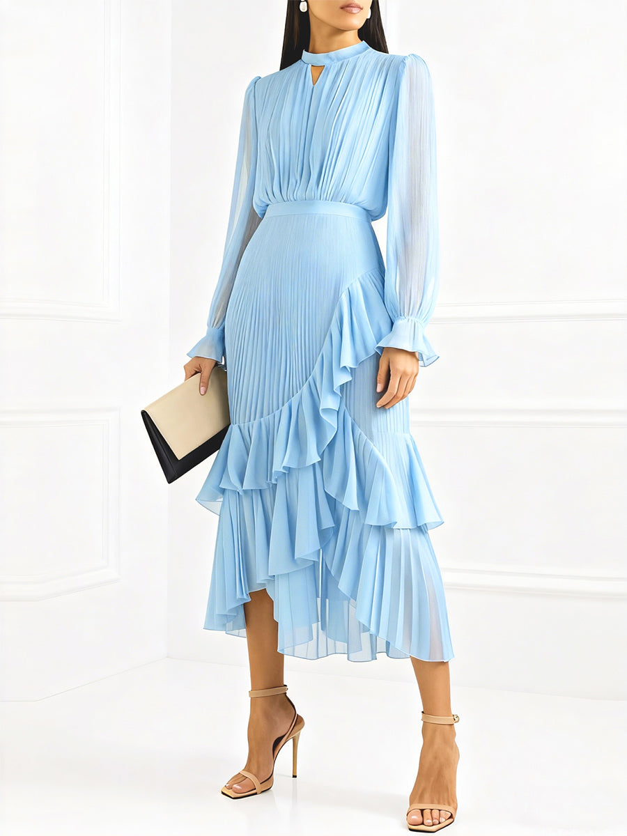 Elegant Pleated Midi Dress For Women - Layered Ruffle Chiffon Gown - Spring Wedding Guest Outfit 2026