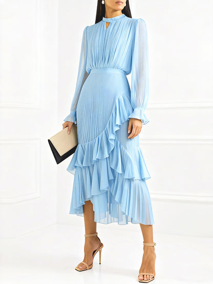 Elegant Pleated Midi Dress For Women - Layered Ruffle Chiffon Gown - Spring Wedding Guest Outfit 2026