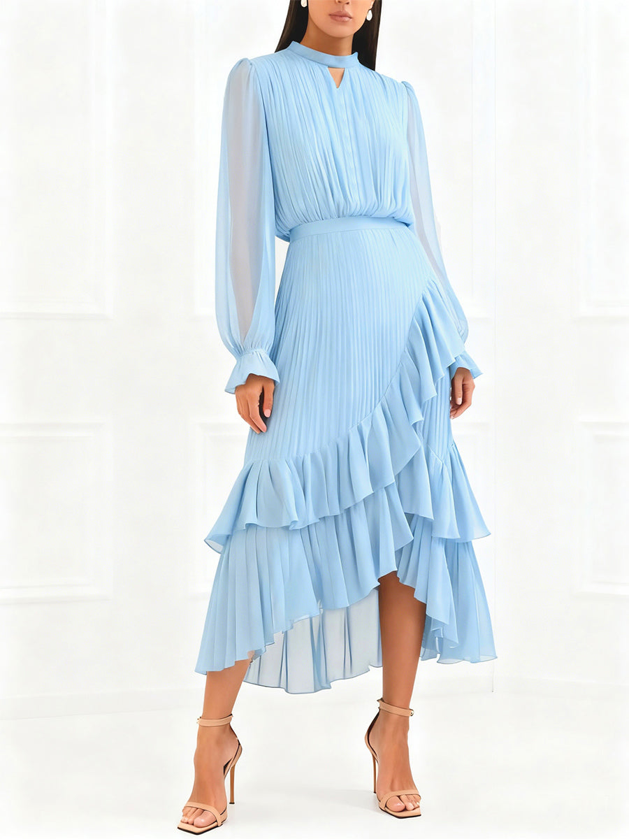 Elegant Pleated Midi Dress For Women - Layered Ruffle Chiffon Gown - Spring Wedding Guest Outfit 2026
