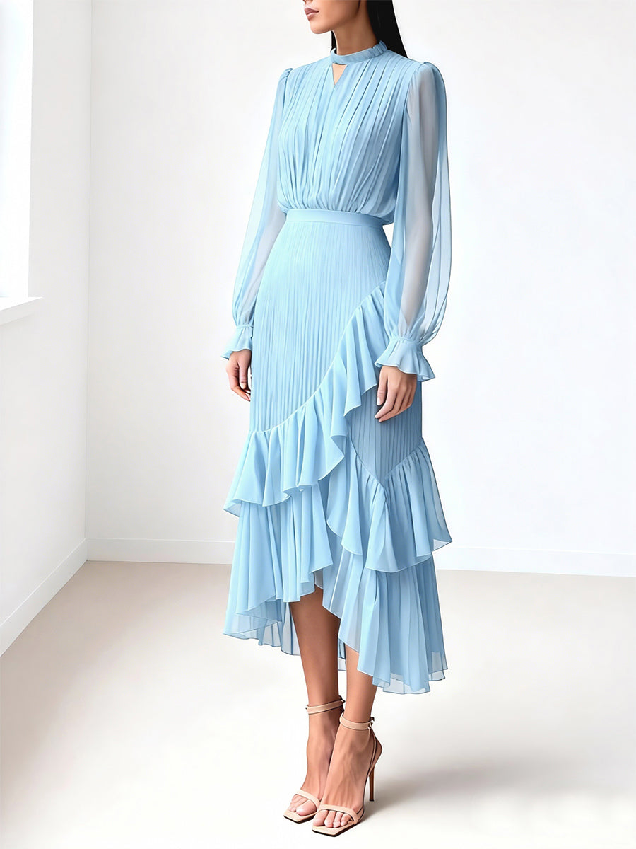 Elegant Pleated Midi Dress For Women - Layered Ruffle Chiffon Gown - Spring Wedding Guest Outfit 2026