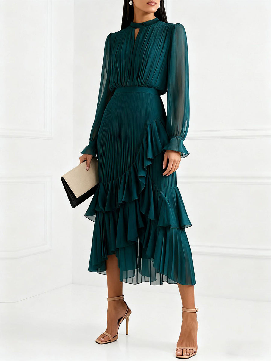 Elegant Pleated Midi Dress For Women - Layered Ruffle Chiffon Gown - Spring Wedding Guest Outfit 2026