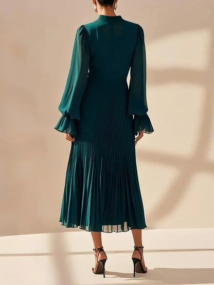 Elegant Pleated Midi Dress For Women - Layered Ruffle Chiffon Gown - Spring Wedding Guest Outfit 2026