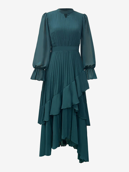 Elegant Pleated Midi Dress For Women - Layered Ruffle Chiffon Gown - Spring Wedding Guest Outfit 2026