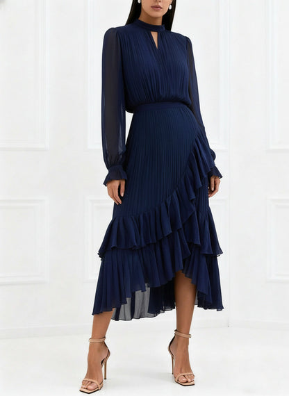 Elegant Pleated Midi Dress For Women - Layered Ruffle Chiffon Gown - Spring Wedding Guest Outfit 2026