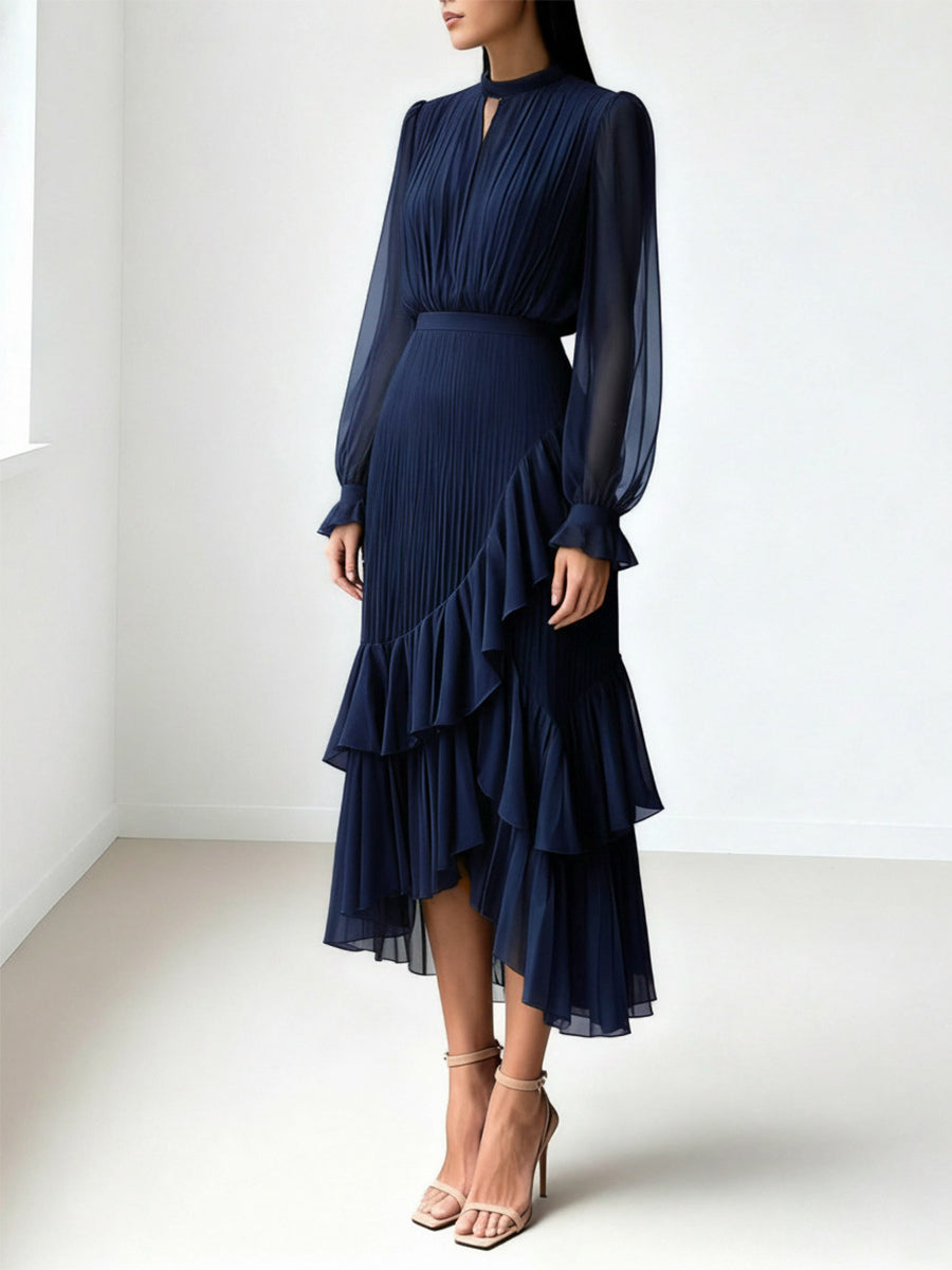 Elegant Pleated Midi Dress For Women - Layered Ruffle Chiffon Gown - Spring Wedding Guest Outfit 2026