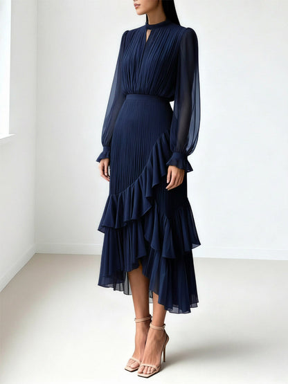 Elegant Pleated Midi Dress For Women - Layered Ruffle Chiffon Gown - Spring Wedding Guest Outfit 2026