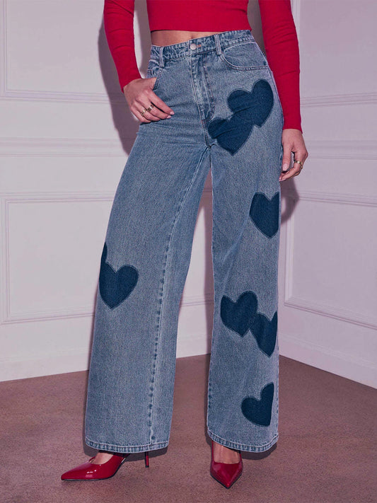 Heart Pattern Wide Leg Jeans For Women - Medium Blue Cute Boho Straight Denim Pants - Spring Date Night Streetwear 2026
