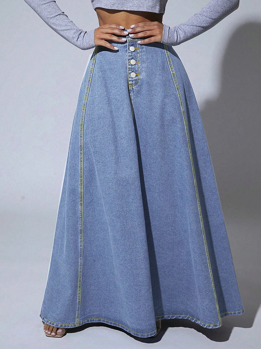 High Waisted Paneled Denim Maxi Skirt For Women - Blue Boho A-Line Flared Long Skirt With Buttons - Spring Casual Streetwear 2026