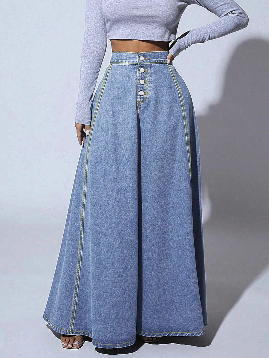 High Waisted Paneled Denim Maxi Skirt For Women - Blue Boho A-Line Flared Long Skirt With Buttons - Spring Casual Streetwear 2026