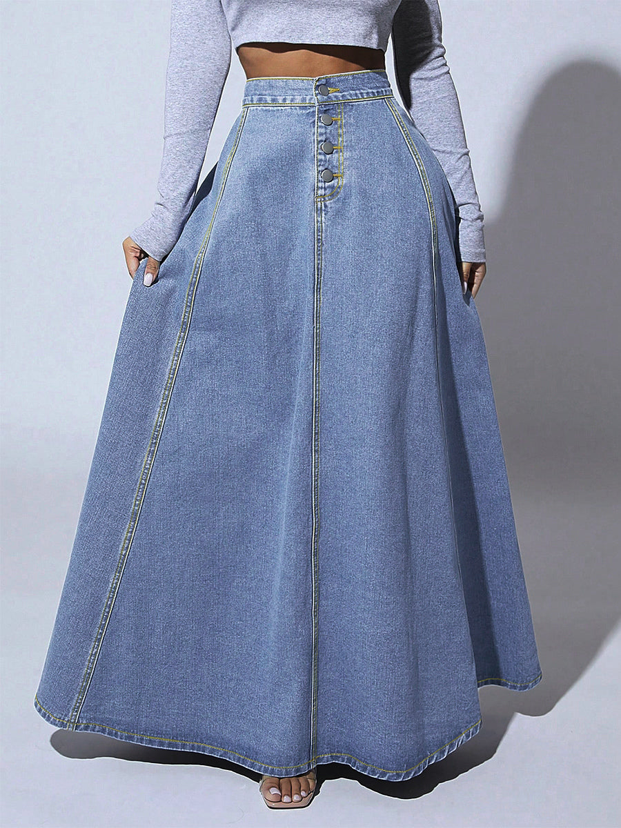 High Waisted Paneled Denim Maxi Skirt For Women - Blue Boho A-Line Flared Long Skirt With Buttons - Spring Casual Streetwear 2026