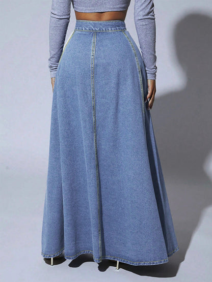 High Waisted Paneled Denim Maxi Skirt For Women - Blue Boho A-Line Flared Long Skirt With Buttons - Spring Casual Streetwear 2026