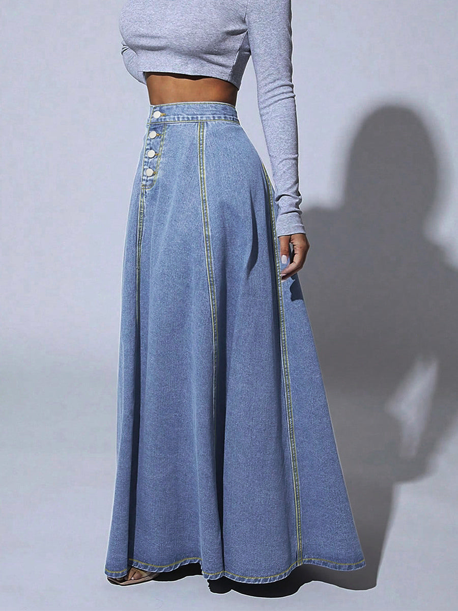 High Waisted Paneled Denim Maxi Skirt For Women - Blue Boho A-Line Flared Long Skirt With Buttons - Spring Casual Streetwear 2026