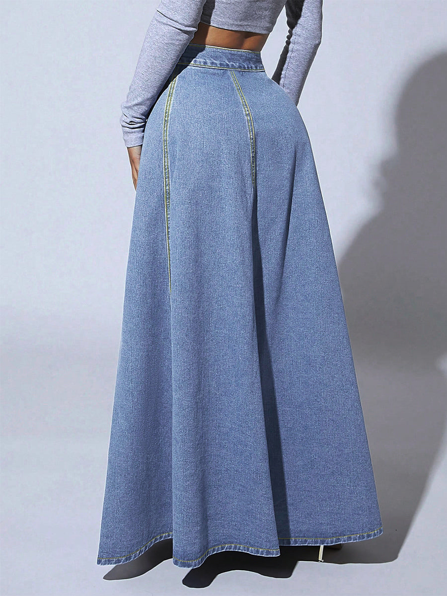High Waisted Paneled Denim Maxi Skirt For Women - Blue Boho A-Line Flared Long Skirt With Buttons - Spring Casual Streetwear 2026