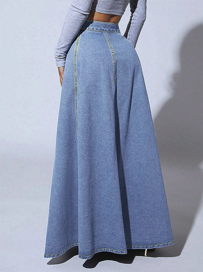 High Waisted Paneled Denim Maxi Skirt For Women - Blue Boho A-Line Flared Long Skirt With Buttons - Spring Casual Streetwear 2026