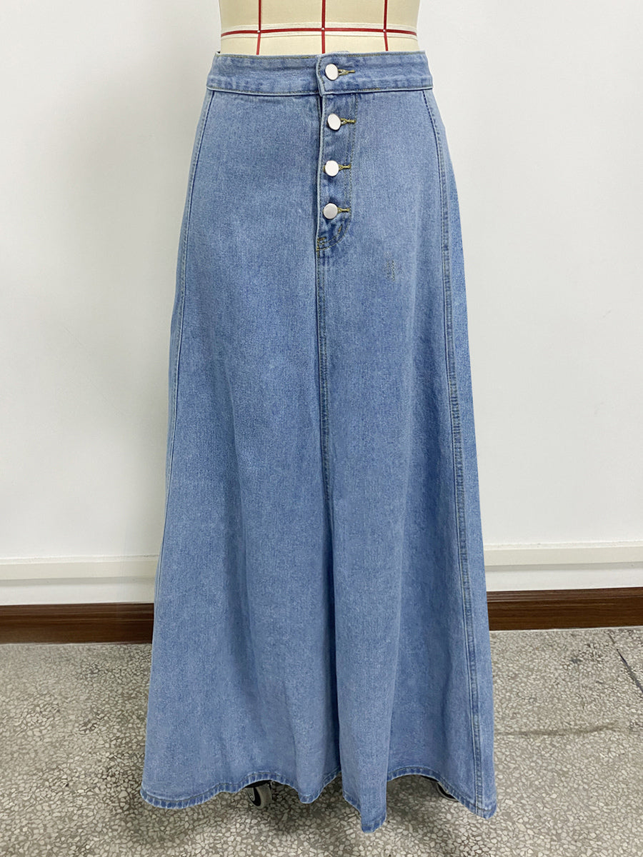High Waisted Paneled Denim Maxi Skirt For Women - Blue Boho A-Line Flared Long Skirt With Buttons - Spring Casual Streetwear 2026