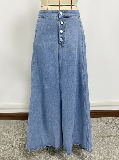 High Waisted Paneled Denim Maxi Skirt For Women - Blue Boho A-Line Flared Long Skirt With Buttons - Spring Casual Streetwear 2026