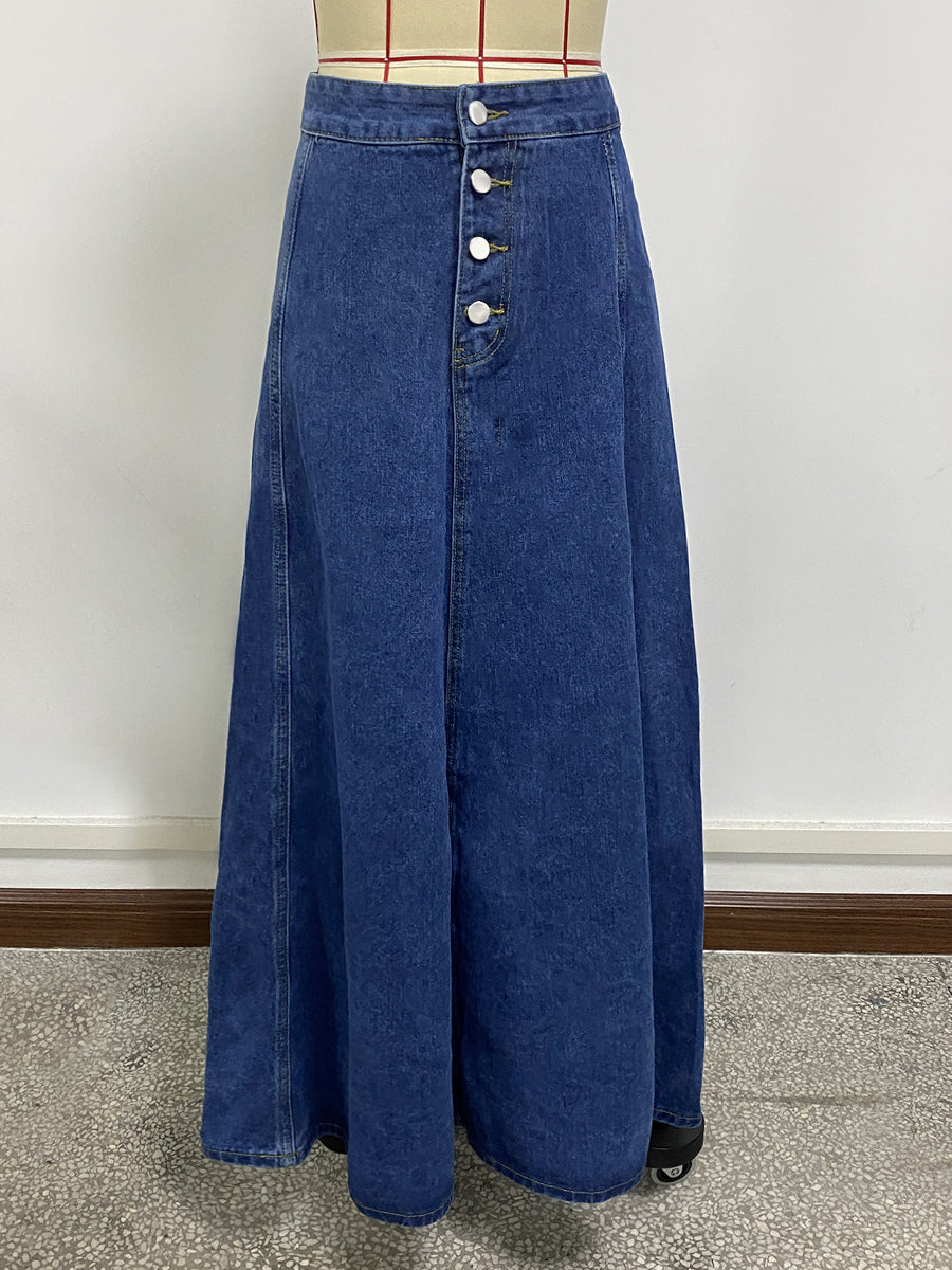 High Waisted Paneled Denim Maxi Skirt For Women - Blue Boho A-Line Flared Long Skirt With Buttons - Spring Casual Streetwear 2026