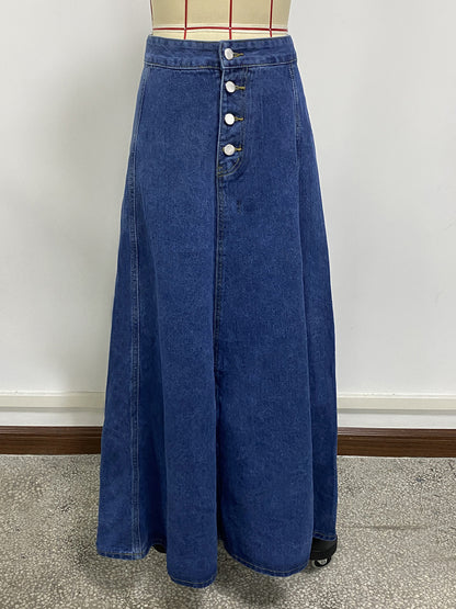 High Waisted Paneled Denim Maxi Skirt For Women - Blue Boho A-Line Flared Long Skirt With Buttons - Spring Casual Streetwear 2026