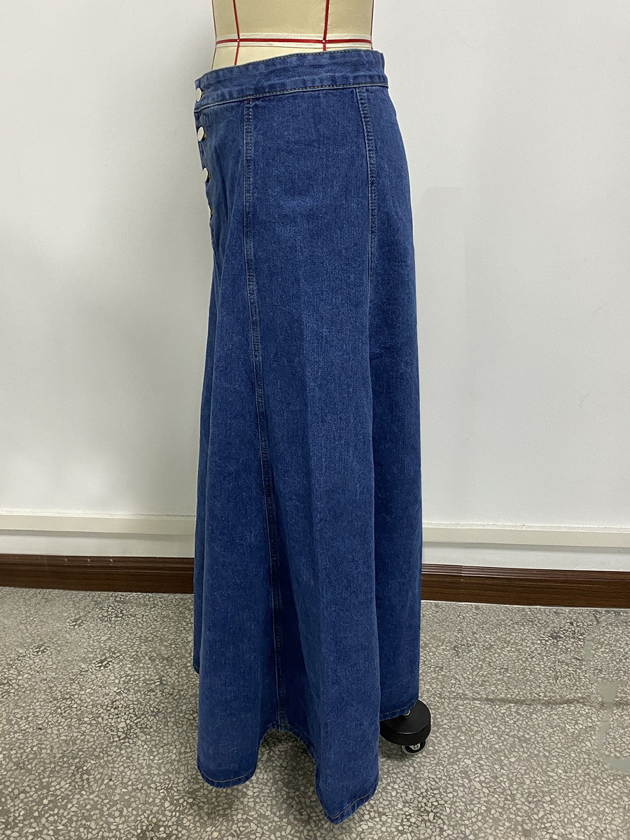 High Waisted Paneled Denim Maxi Skirt For Women - Blue Boho A-Line Flared Long Skirt With Buttons - Spring Casual Streetwear 2026