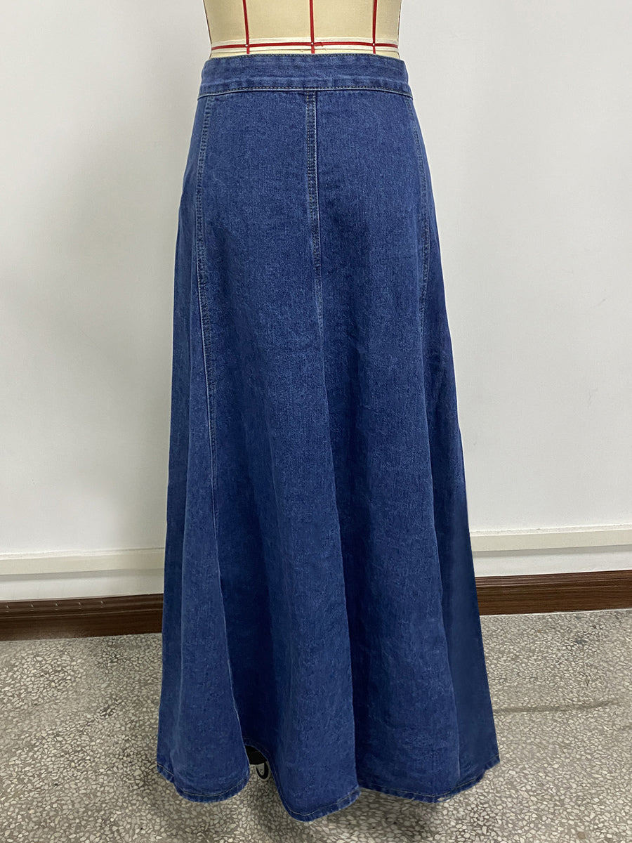 High Waisted Paneled Denim Maxi Skirt For Women - Blue Boho A-Line Flared Long Skirt With Buttons - Spring Casual Streetwear 2026