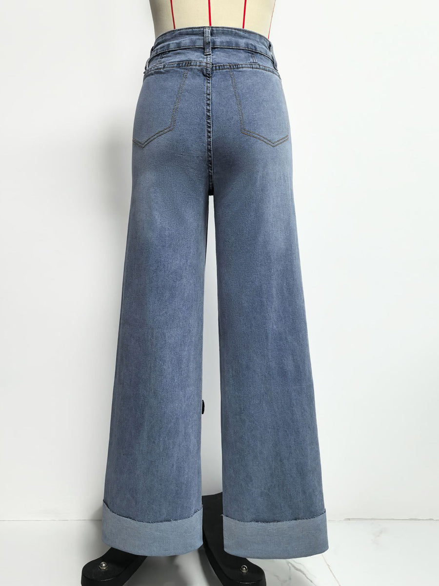 Cuffed Wide Leg Jeans For Women - Blue Western Boho Seam Front High Waist Straight Denim - Spring Casual Cowgirl Streetwear 2026
