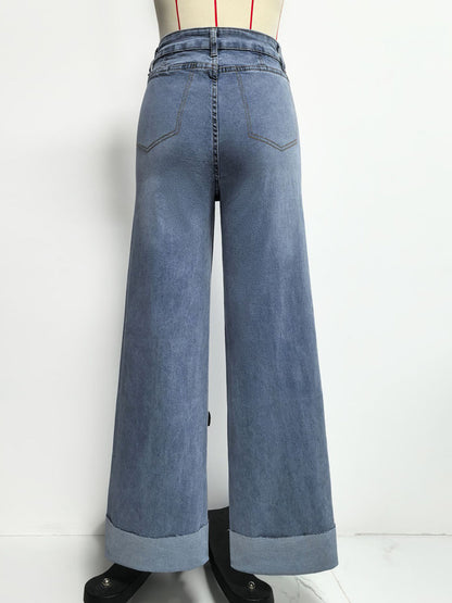 Cuffed Wide Leg Jeans For Women - Blue Western Boho Seam Front High Waist Straight Denim - Spring Casual Cowgirl Streetwear 2026
