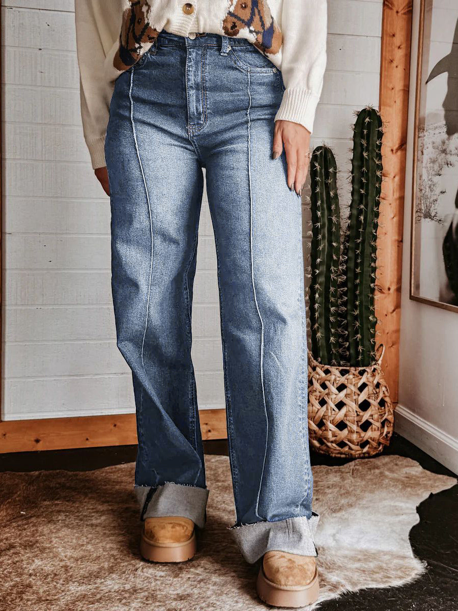 Cuffed Wide Leg Jeans For Women - Blue Western Boho Seam Front High Waist Straight Denim - Spring Casual Cowgirl Streetwear 2026