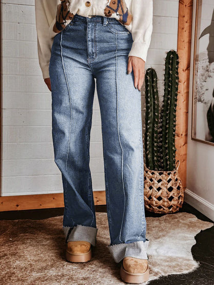 Cuffed Wide Leg Jeans For Women - Blue Western Boho Seam Front High Waist Straight Denim - Spring Casual Cowgirl Streetwear 2026