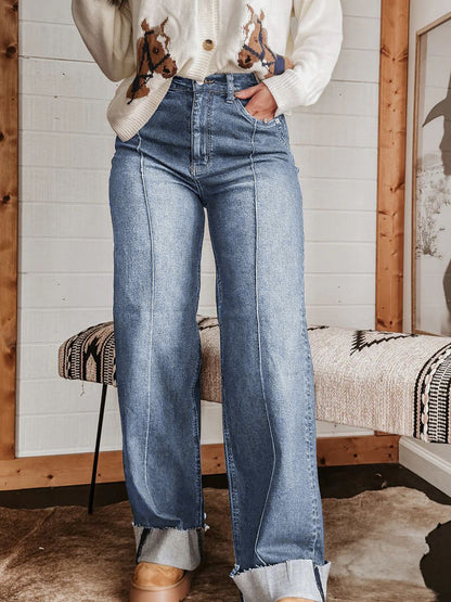 Cuffed Wide Leg Jeans For Women - Blue Western Boho Seam Front High Waist Straight Denim - Spring Casual Cowgirl Streetwear 2026