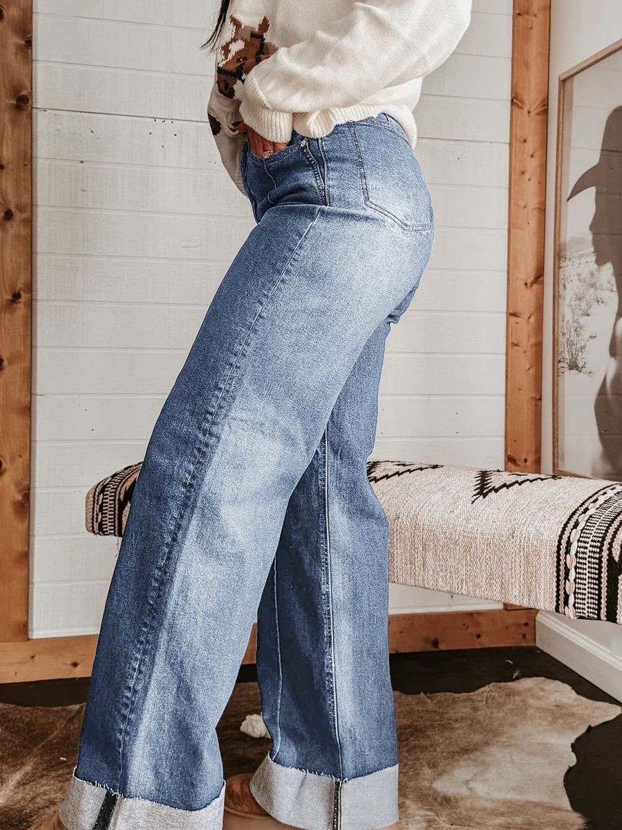 Cuffed Wide Leg Jeans For Women - Blue Western Boho Seam Front High Waist Straight Denim - Spring Casual Cowgirl Streetwear 2026