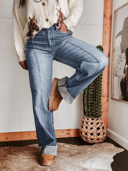Cuffed Wide Leg Jeans For Women - Blue Western Boho Seam Front High Waist Straight Denim - Spring Casual Cowgirl Streetwear 2026