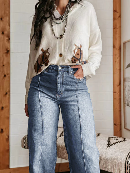 Cuffed Wide Leg Jeans For Women - Blue Western Boho Seam Front High Waist Straight Denim - Spring Casual Cowgirl Streetwear 2026