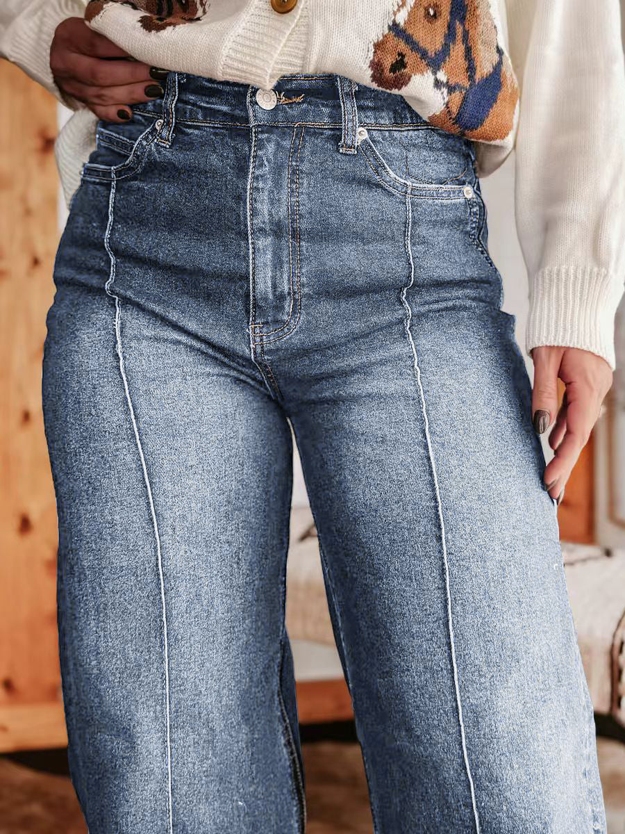 Cuffed Wide Leg Jeans For Women - Blue Western Boho Seam Front High Waist Straight Denim - Spring Casual Cowgirl Streetwear 2026