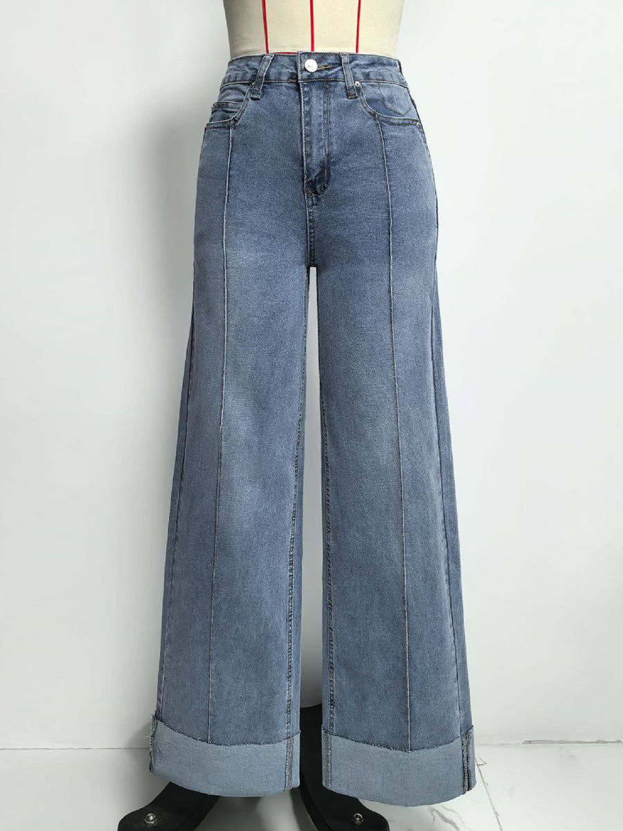 Cuffed Wide Leg Jeans For Women - Blue Western Boho Seam Front High Waist Straight Denim - Spring Casual Cowgirl Streetwear 2026