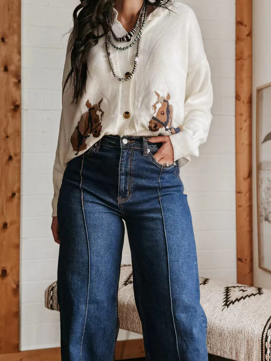 Cuffed Wide Leg Jeans For Women - Blue Western Boho Seam Front High Waist Straight Denim - Spring Casual Cowgirl Streetwear 2026