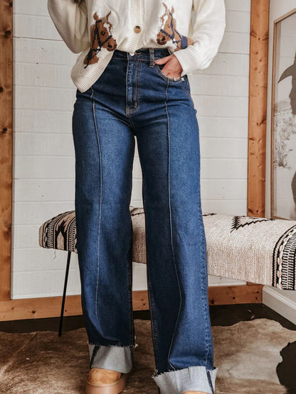 Cuffed Wide Leg Jeans For Women - Blue Western Boho Seam Front High Waist Straight Denim - Spring Casual Cowgirl Streetwear 2026