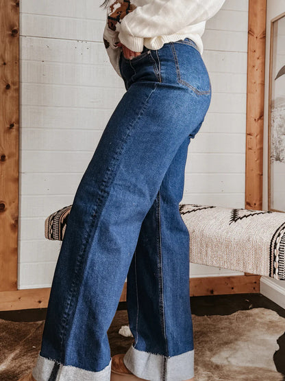 Cuffed Wide Leg Jeans For Women - Blue Western Boho Seam Front High Waist Straight Denim - Spring Casual Cowgirl Streetwear 2026