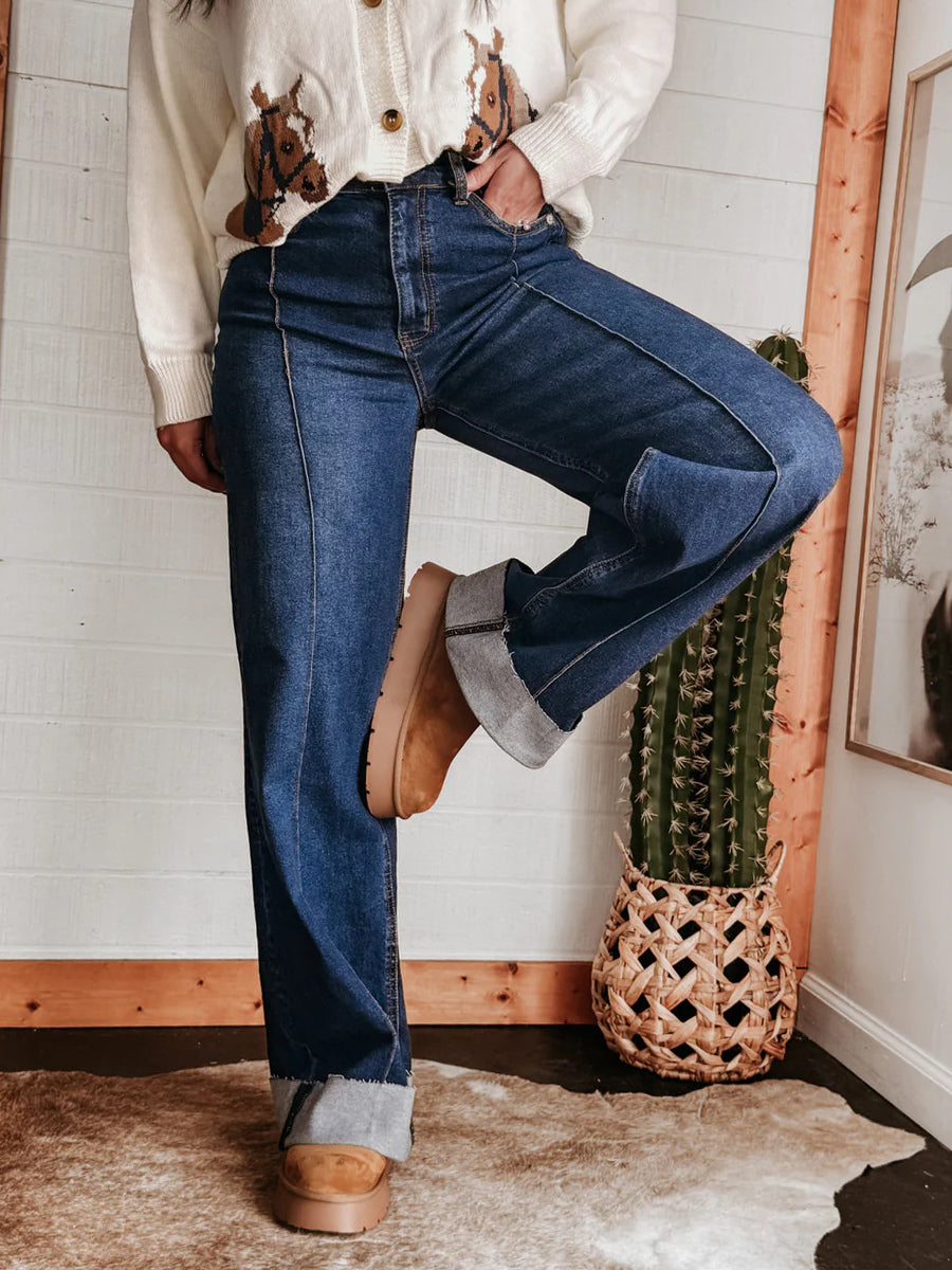 Cuffed Wide Leg Jeans For Women - Blue Western Boho Seam Front High Waist Straight Denim - Spring Casual Cowgirl Streetwear 2026