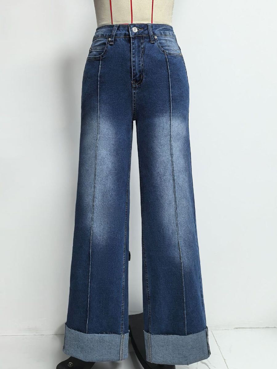 Cuffed Wide Leg Jeans For Women - Blue Western Boho Seam Front High Waist Straight Denim - Spring Casual Cowgirl Streetwear 2026